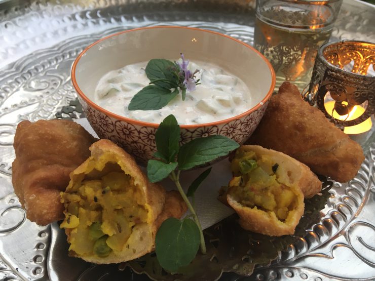 Indian Aloo samosas with cucumber mint raita